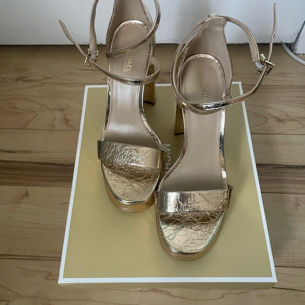 Michael Kors Rose Gold Metallic Ankle-Strap Block Heels